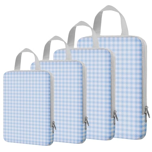 4/8 Set Compression Packing Cubes for Travel Essentials, Compressible Expandable Luggage Organizer Bags for Clothes, Durable Space Saver Storage Bags for Suitcase(4set-Blue Gingham)