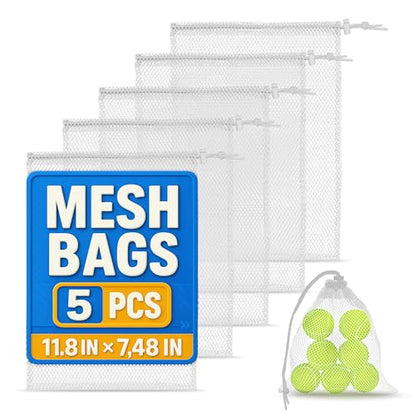 5 Pcs Small Mesh Bags with Tight Closure, 11.8 x 7.48", Polyester (White) - color: 5Pcs, White, S size