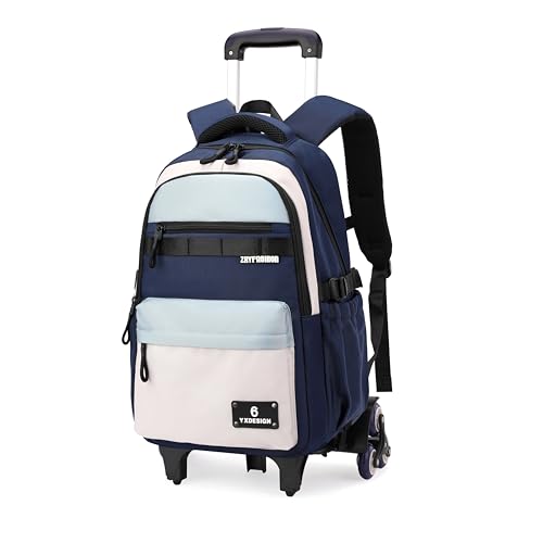 ZHANAO Kids Rolling Backpack for Boys School Color-blocking Trolley Bag - color: Blue-6 Wheels