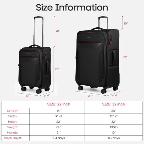 2-Piece Set(22/32in) Upright Spinner Softshell Luggage Sets - color: Black, size: 2-Piece Set (22 inch/32 inch)