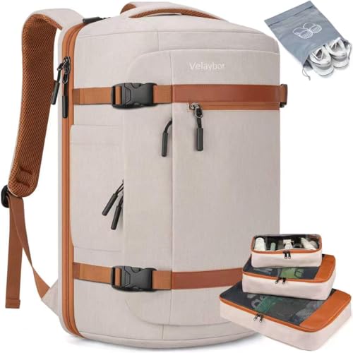 42L Carry On Travel Backpack With 4 Packing Cubes, TSA Friendly - color: Beige