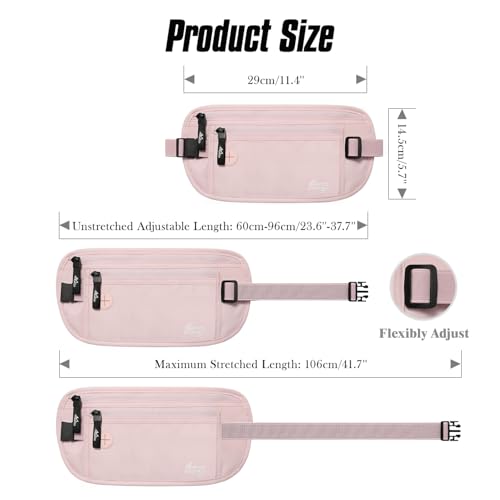 MoKo 안전한 여행용 머니 벨트, 언더커버 숨겨진 RFID 차단 여행용 지갑, 도난 방지 여권 지갑 남성용 여성용, 핑크, 휴대용 - color: 핑크, size: Waist for 24"-38"