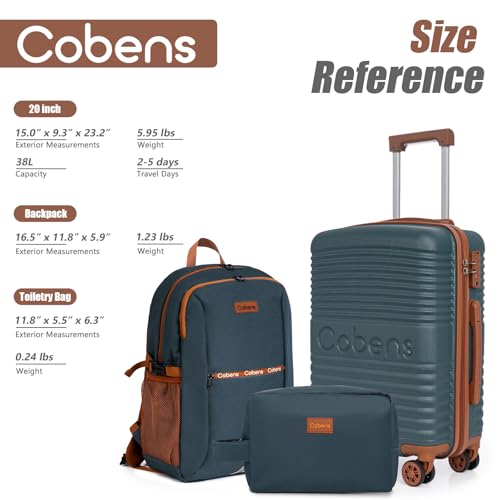 Carry-on Luggage 22x14x9 Airline Approved, 3 Piece Luggage Sets, Green - color: DarkGreen, size: 3 Piece Sets (20/BP/TB)