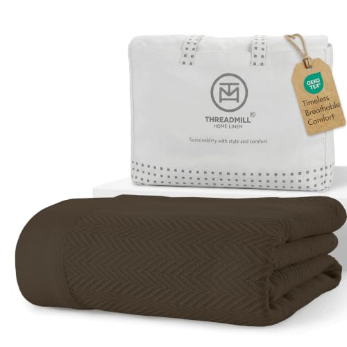 Threadmill Luxury 100% Cotton Queen Herringbone Blanket, Espresso | All-Season Thermal Blanket, Soft & Breathable, Cozy Moisture-Wicking, OEKO-TEX Certified, Machine Washable, 90x92 in - color: Espresso, size: Queen (90" x 92")