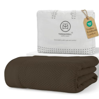 Threadmill Luxury 100% Cotton Queen Herringbone Blanket, Espresso | All-Season Thermal Blanket, Soft & Breathable, Cozy Moisture-Wicking, OEKO-TEX Certified, Machine Washable, 90x92 in - color: Espresso, size: Queen (90" x 92")