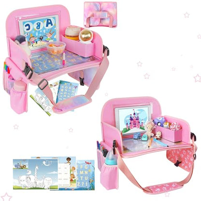 Bundle–2 Items: MENZOKE Car Seat Tray with Dry Erase Board and Cooler Cup Holder, Pink & Magic Pink