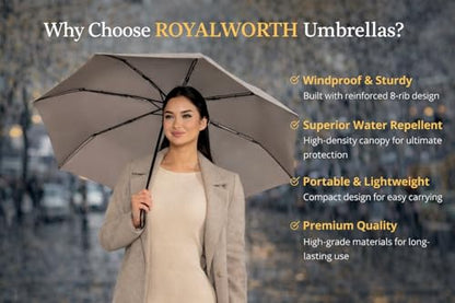 Windproof Travel Umbrella - Compact, Light, Full Automatic Open/Close - Folding Backpack Umbrella for Rain & Sun UV Preotection For Men & Women, Unbreakable 8 Fiberglass Ribs UK Design - color: Light Grey