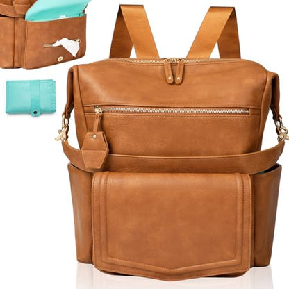 MOMINSIDE Diaper Bag Backpack Leather Convertible Baby Backpack Diaper Bag Hobo, Large Mom Baby Bag Hospital Bag,14 Pockets,Brown - color: Brown
