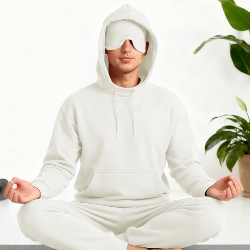 Ainangua Mens Oversized Pullover Essentials Hoodie with Eye Mask Built In Comfor Airplane Mode Travel Sleep Wearable Blanket - color: White, size: Large