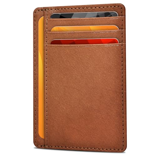 Slim Minimalist RFID Leather Wallet, Front Pocket Card Holder for Men - color: Cognac