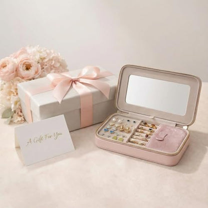 Soft-Touch Leather Travel Jewelry Case with Mirror, Jewelry Box - color: Blush Pink