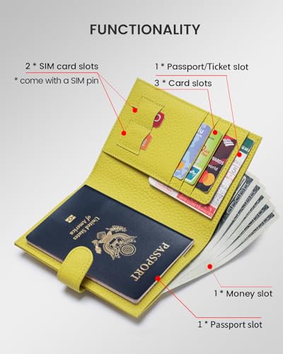 Karmiir RFID Passport Holder Travel Wallet for Women, Leather Passport Cover Wallet with Card Holders SIM Slots,Zippered Coins Pocket and Cash Slot Slim Compact Travel Wallet (Lemon Yellow) - color: Lemon Yellow