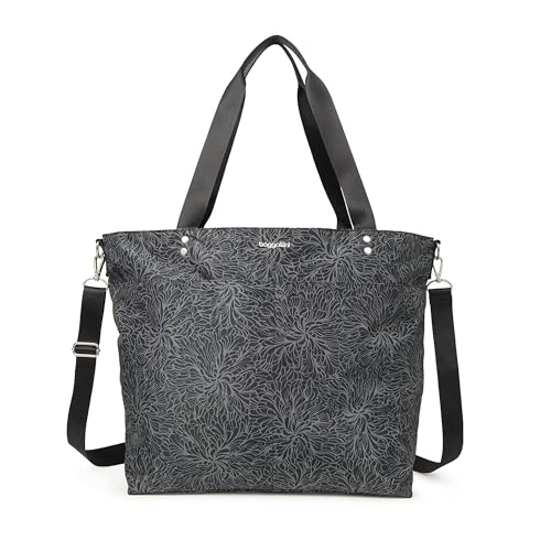 Baggallini Carryall Tote - Lightweight Nylon Zipper Top Weekender Travel Beach Bag w/Luggage Sleeve - color: Midnight Blossom