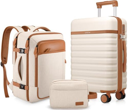 UKEIN Luggage Sets 3 Piece, 24in Checked Luggage With Travel Backpack - color: Beige, size: 3 piece set (24inch)