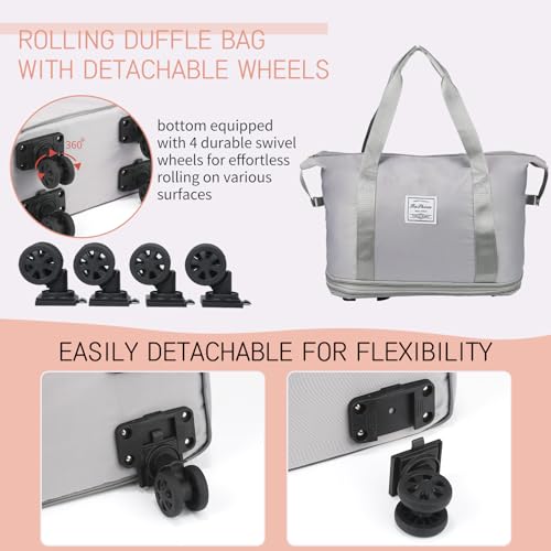 VOOWO Rolling Duffle Bag, Expandable Foldable Carry On Luggage with Wheels, Large Weekend Bag (Grey) - color: Grey