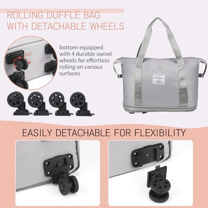 VOOWO Rolling Duffle Bag, Expandable Foldable Carry On Luggage with Wheels, Large Weekend Bag (Grey) - color: Grey
