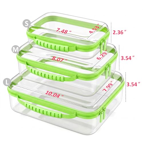 Clear Hard Shell Zipper Organizer Cases, 3 Pack with Handles - color: Green