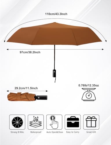 Windproof Travel Umbrella, Automatic Compact Folding Umbrella, Small Travel Size Umbrella for Rain, Backpack & Everyday Carry - color: Brown