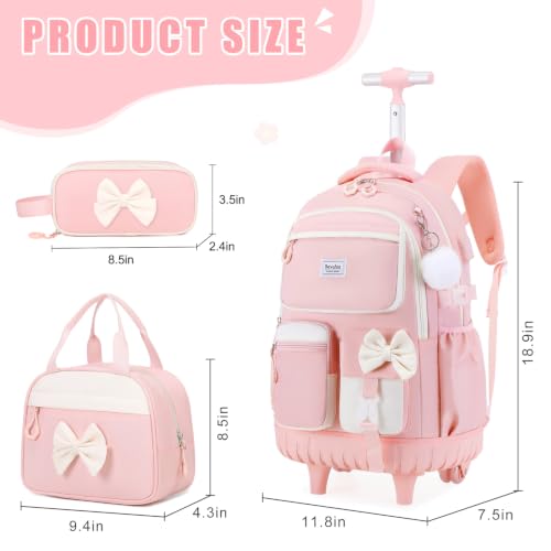 Bevalsa Rolling Backpack for Girls, Roller Backpack with Wheels | Cute Bow Wheeled School Bookbag Set with Lunch Bag & Pen Case, Suitcases for Kids Teens Elementary Middle Student - color: Pink Beige