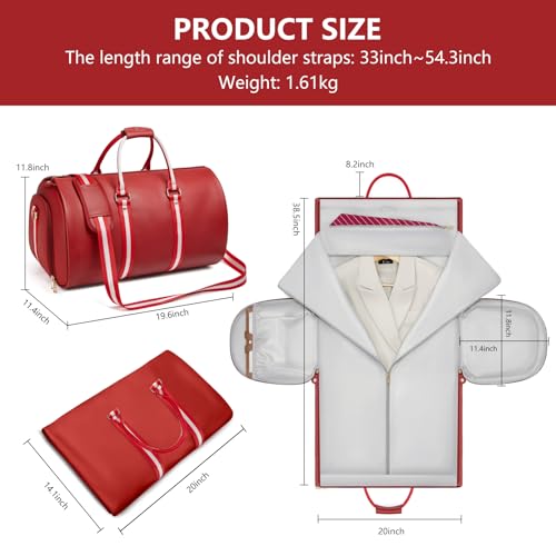 Leather Garment Bags for Travel, Convertible Carry on Garment Duffel Bag for Women, 2 in 1 Waterproof Foldable Travel Suit Bag with Shoulder Strap Weekender Bag with Shoe Pouch, Red - color: A-Red
