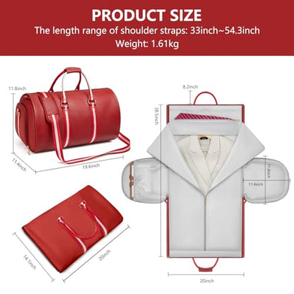 Leather Garment Bags for Travel, Convertible Carry on Garment Duffel Bag for Women, 2 in 1 Waterproof Foldable Travel Suit Bag with Shoulder Strap Weekender Bag with Shoe Pouch, Red - color: A-Red
