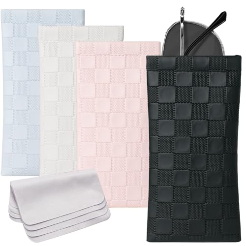 4 Pcs Squeeze Top Sunglass Case with Cleaning Cloth, Soft Leather Eyeglass Case Portable Sunglasses Pouch - color: D & 4pcs