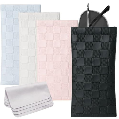 4 Pcs Squeeze Top Sunglass Case with Cleaning Cloth, Soft Leather Eyeglass Case Portable Sunglasses Pouch - color: D & 4pcs