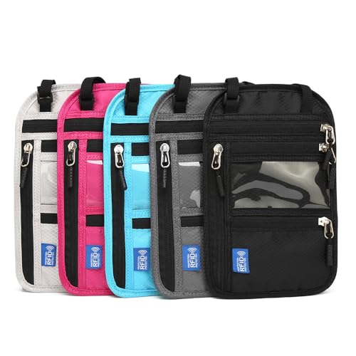 RFID Blocking Passport Holder Neck Pouch, Black, with Adjustable Shoulder Strap, Clear ID Window, Multi-Pocket Travel Wallet for Women Men