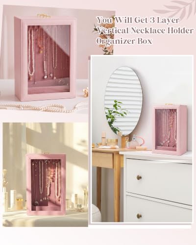 Huquary 3 Layer Vertical Necklace Organizer Box, Pink - color: Pink