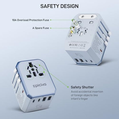 EPICKA 45W Universal Travel Adapter PD&QC, 1AC/3USB-C/2USB-A - style: 45W-5USB(3 USB-C) Blue