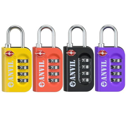 ANVIL TSA Approved Luggage Lock - 4 Digit Combination, 10,000 Combinations, Easy-Read Password Window, Travel Lock for Suitcases, Backpacks, Gym & Student Lockers, Baggage - color: 4 COLORS 1 PACK