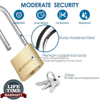 2 Pack Keyed Locks with Keys, Extra Long 2-11/16" Shackle Solid Brass Copper Padlock, Small Travel Waterproof Lock with 38MM Wide Body for Warehouse, Tool Box, Hasp, Gym, Locker, Sheds-Golden - size: 2 Pack 38mm Long