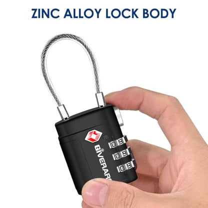 2 Pack TSA Approved Luggage Locks, Cable Travel Lock Alloy, Set Your Own Combination Metal Suitcase Zipper Padlock, 3-Digit Long Shackle Padlocks for Gym Locker, Golf Bag, Case Anti Theft-Black