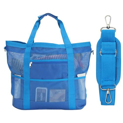 Mesh Beach Bags for Women - Plus Waterproof Sandproof Tote Bag - color: Blue With Top Zipper, size: Large