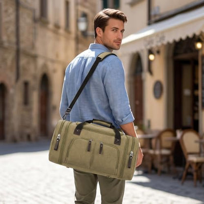coowoz Duffle Bag for Men 40L Expandable Canvas Travel Weekender Overnight Bag with Trolley Sleeve & Shoulder Strap for Business Trips, Travel Khaki - color: Khaki