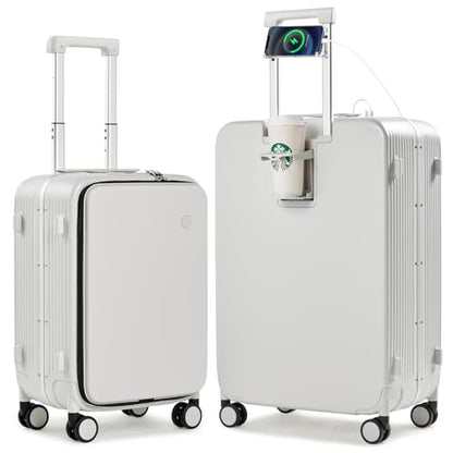 mixi 2-Piece Luggage Sets with Cup Phone Holder and Charger Hard Shell Suitcases with Spinner Wheels, 20+26 Smoke White - color: Smoke white, size: 2-Piece Set (20/26)