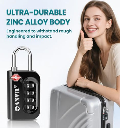 ANVIL TSA Approved Luggage Lock - 4 Digit Combination, 10,000 Combinations, Easy-Read Password Window, Travel Lock for Suitcases, Backpacks, Gym & Student Lockers, Baggage - color: BLACK 1 PACK