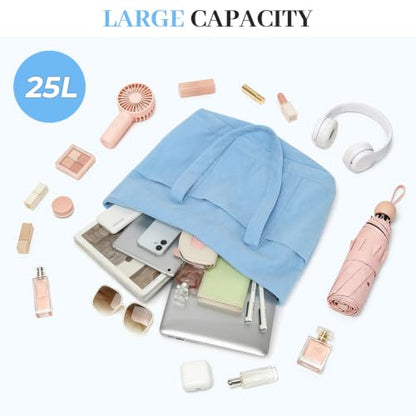 Large Canvas Tote Bag for Women, Beach Bag with Zipper, Utility Tote Bag with 3 Front Pockets, Weekender Pool Bag - color: Blue