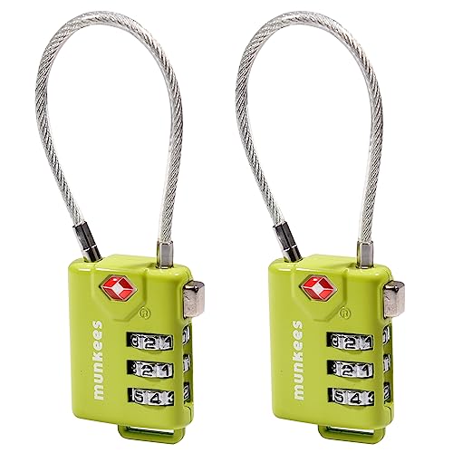 munkees TSA Approved Luggage Lock Padlock with Cable, Resttable Combination, 3-Digit Password Lock, Metal Alloy, Drawer, Backpack, Wardrobe, and Door Lock. (Green 2pcs) - color: Green-2pcs, style: Cable Shackle
