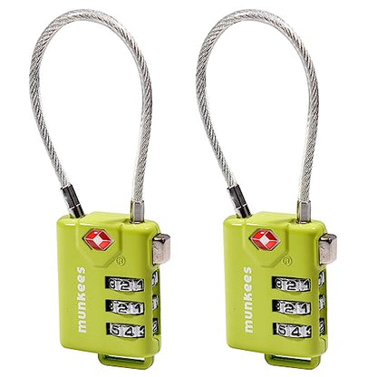 munkees TSA Approved Luggage Lock Padlock with Cable, Resttable Combination, 3-Digit Password Lock, Metal Alloy, Drawer, Backpack, Wardrobe, and Door Lock. (Green 2pcs) - color: Green-2pcs, style: Cable Shackle