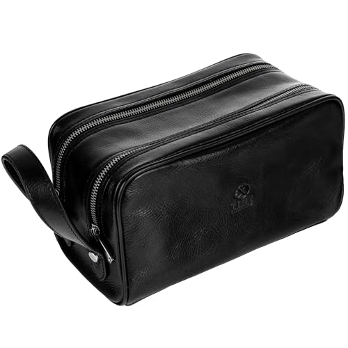 Time Resistance Leather Cosmetic Bag - Italian Toiletry Dopp Kit (Black) - color: Black
