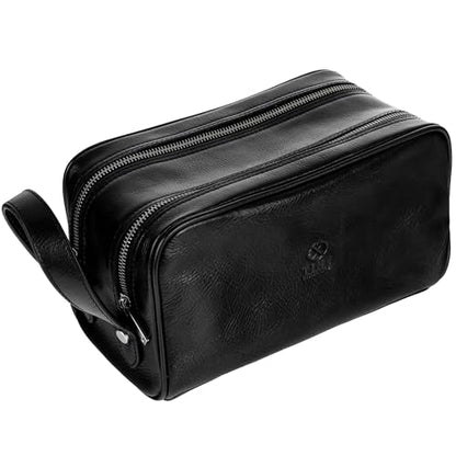 Time Resistance Leather Cosmetic Bag - Italian Toiletry Dopp Kit (Black) - color: Black