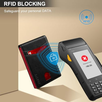 ZALVEX Wallet for Men Slim RFID Blocking Leather Credit Card Holder Wallet - color: Black + Red