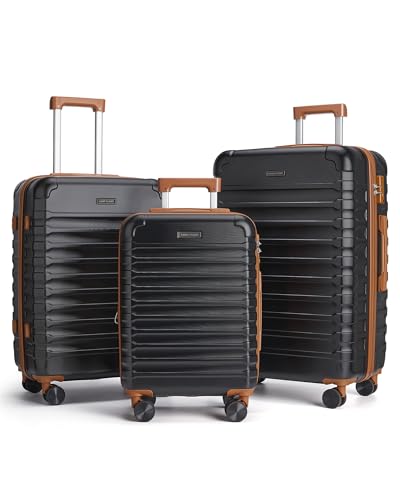 LIGHT FLIGHT Luggage Sets 3 Pcs Suitcase with Wheel,20"/24"/28",Black/Brown - color: Black/Brown