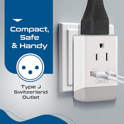 Ceptics Switzerland Plug Adapter, Travel with QC 3.0 & PD, Safe Dual USB & USB-C - 2 USA Socket Compact & Powerful - Quick Charge 3.0 & Power Delivery - Type J AP-11A - Fast Charging - size: 1 Pack, style: Type J - PD 20W USB-C