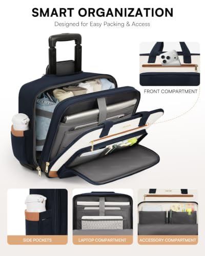 Puffer Women's Rolling Laptop Briefcase Bag with Wheels for Work & Travel - color: Ribbed Navy Blue