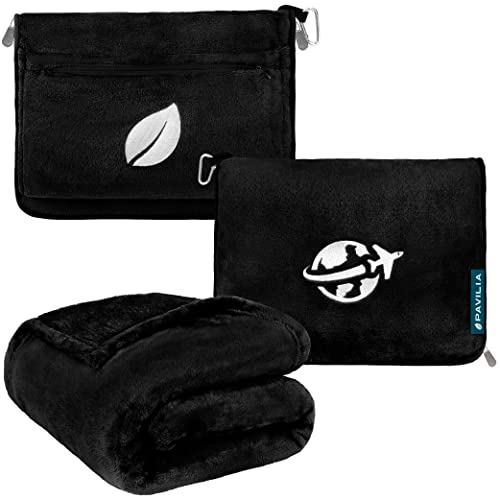 PAVILIA Compact 2-in-1 Travel Blanket Pillow for Airplane Flight, Black - color: Black