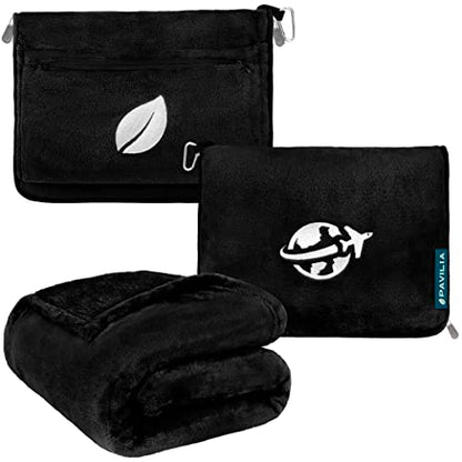 PAVILIA Compact 2-in-1 Travel Blanket Pillow for Airplane Flight, Black - color: Black