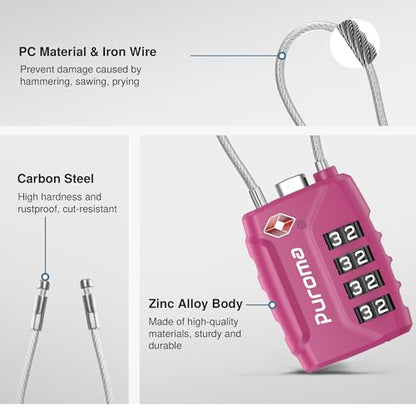 Puroma 2 Pack TSA Approved Luggage Locks 4 Digit Code Cable Lock Pink Dark - color: Basic Pink Dark