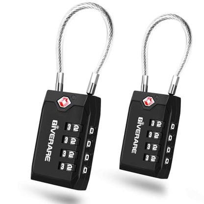 2 Pack TSA Approved Travel Luggage Locks, 4-Digit Cable Combination Suitcase Lock, Metal Alloy Padlocks, Weatherproof Padlock for Locker, Bag, Gun Case, Backpack, Anti Theft, Easy Read Dials-Black